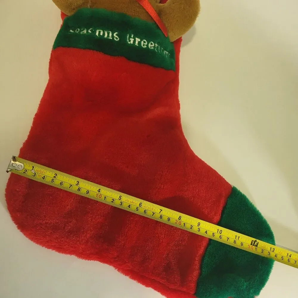 Christmas Stocking Reindeer Seasons Greetings Plush Vintage Red Green 17